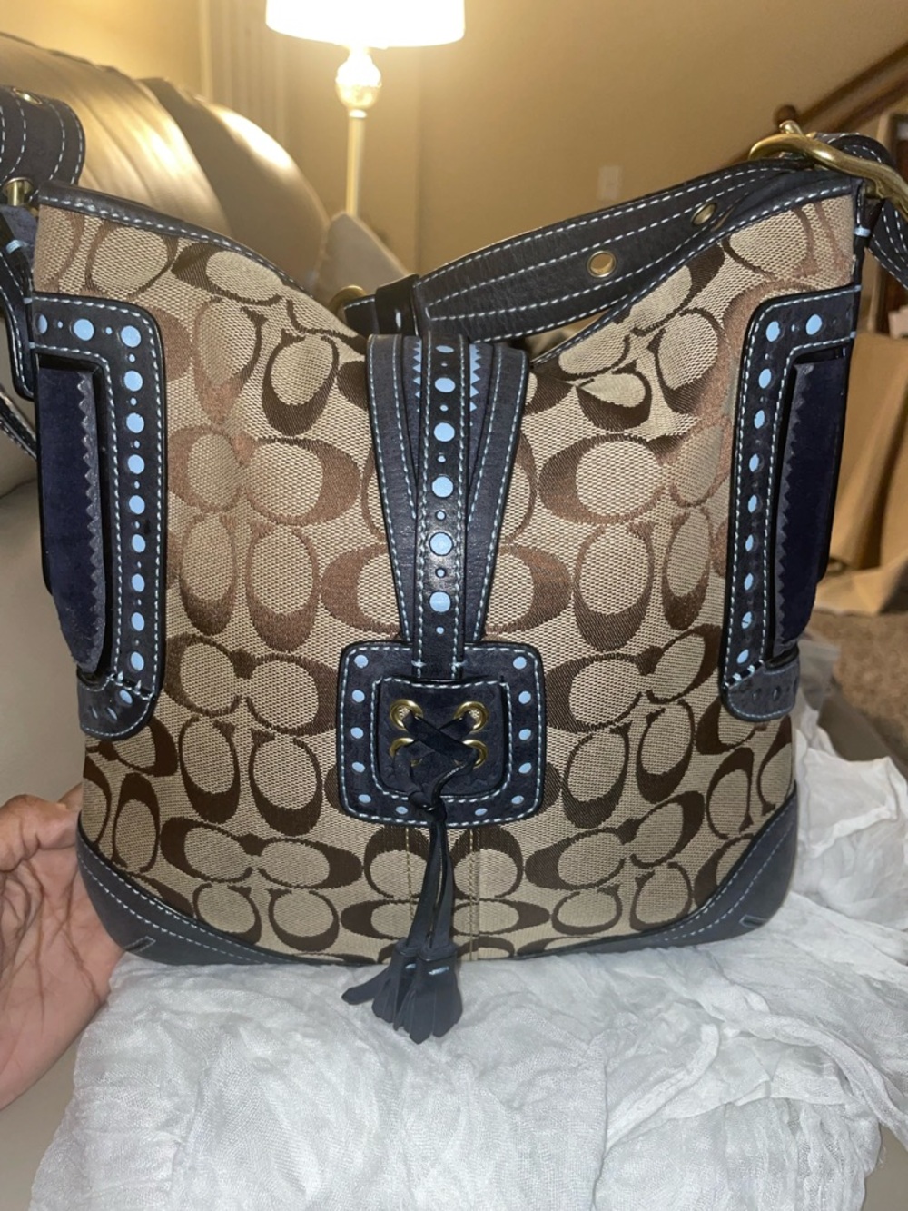 Coach Jackie Soho Suede Signature Shoulder Two-Tone Blue